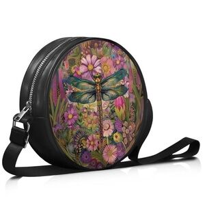 Dragonfly Round Circle Crossbody Purse Daisy Leather Circle Wallet New